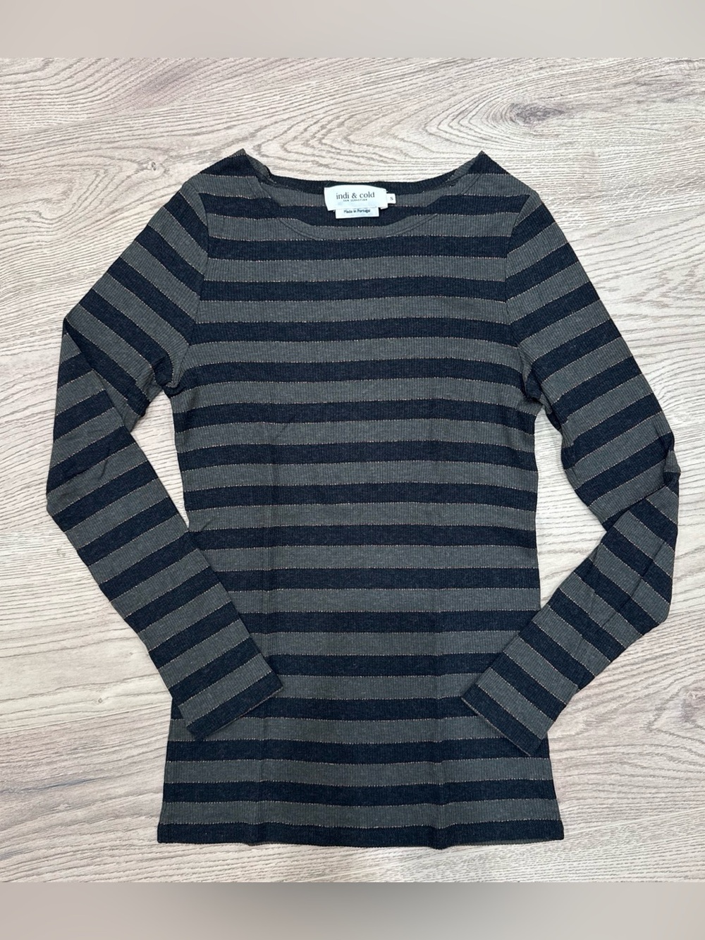 ‘indi & cold’ Olive and Gray Striped Long-Sleeve Top